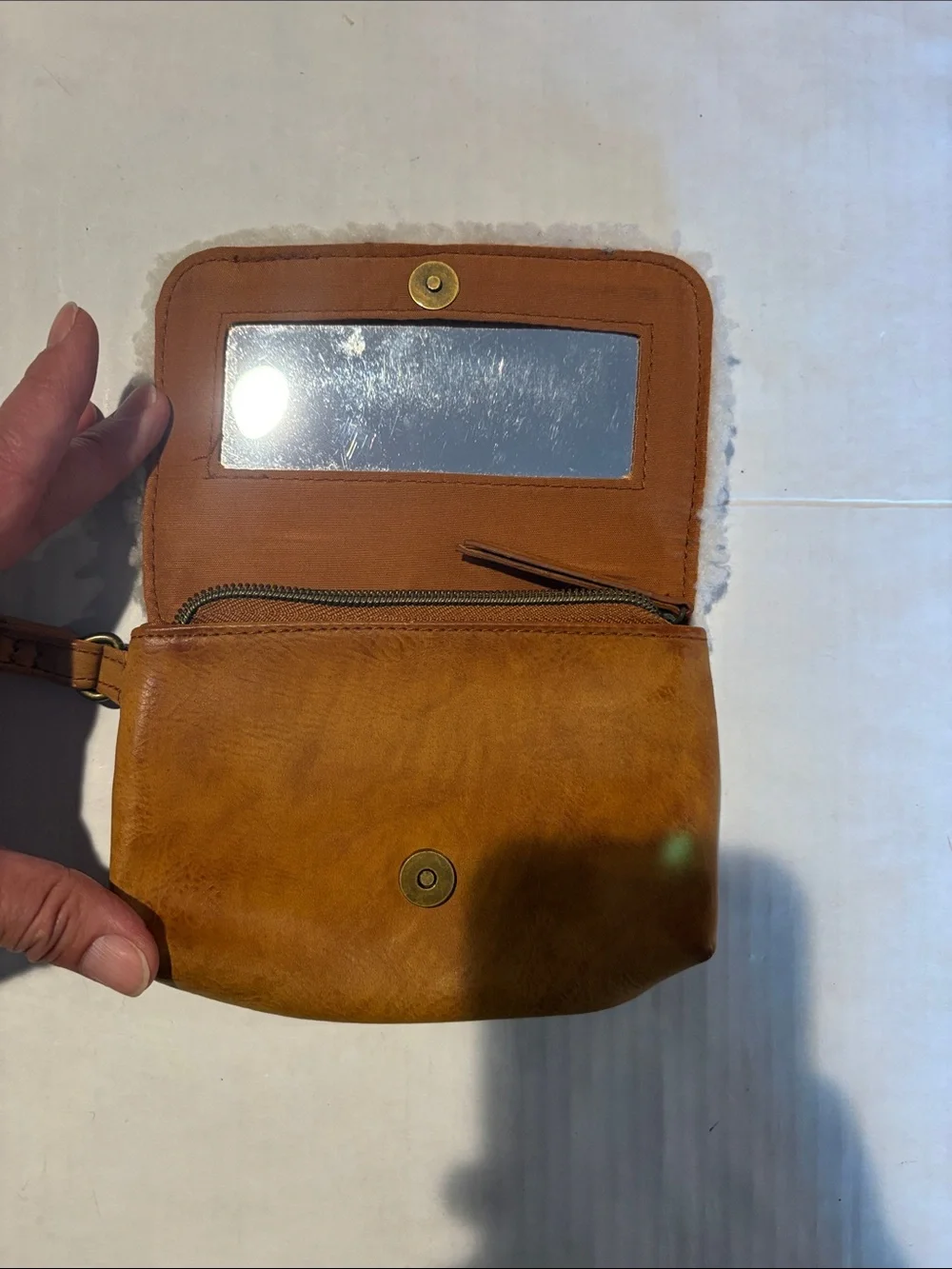 Shearling-Trim Wristlet Pouch in Camel and Cream